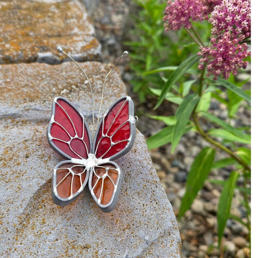Vintage Homemade Handcrafted Stained Glass Butterfly Window Hanger Orange Red